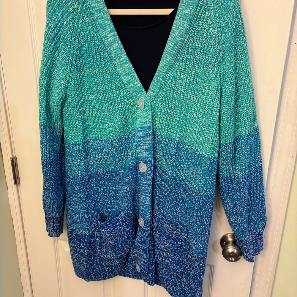 Woman Within Teal and Blue Cardigan Sweater
